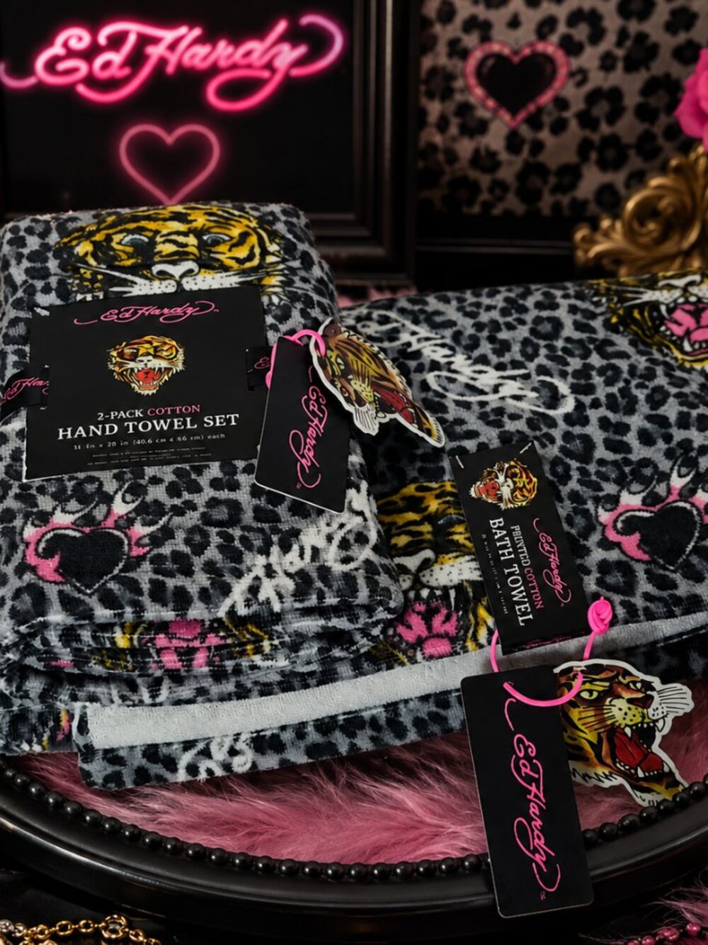 Ed Hardy 3-Piece Towel Set Grey Leopard Tiger Tattoo Print NWT